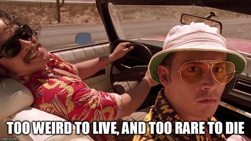 Weird and rare | TOO WEIRD TO LIVE, AND TOO RARE TO DIE | image tagged in fear and loathing in las vegas,quotes,movie quotes,johnny depp,friends,best friends | made w/ Imgflip meme maker