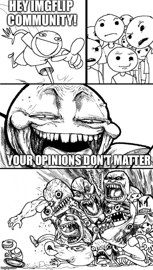 Hey Internet Meme | HEY IMGFLIP COMMUNITY! YOUR OPINIONS DON'T MATTER | image tagged in memes,hey internet | made w/ Imgflip meme maker