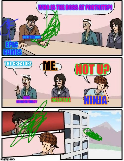 Boardroom Meeting Suggestion Meme | WHO IS THE BOSS AT FORTNITE?! BEST TRENDS; EPIC GAMES; THE CREATOR! ME. NOT U? SOME RANDOM FANBOY; HALOCENE; NINJA | image tagged in memes,boardroom meeting suggestion,scumbag | made w/ Imgflip meme maker