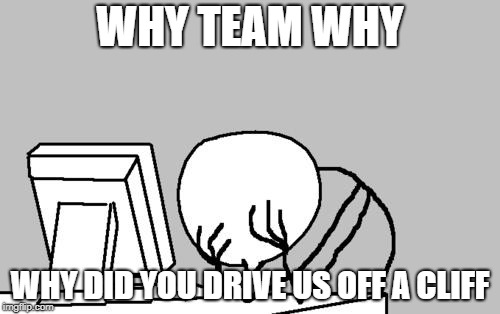 Computer Guy Facepalm | WHY TEAM WHY; WHY DID YOU DRIVE US OFF A CLIFF | image tagged in memes,computer guy facepalm | made w/ Imgflip meme maker