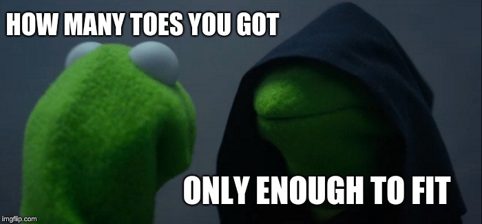 Evil Kermit Meme | HOW MANY TOES YOU GOT; ONLY ENOUGH TO FIT | image tagged in memes,evil kermit | made w/ Imgflip meme maker