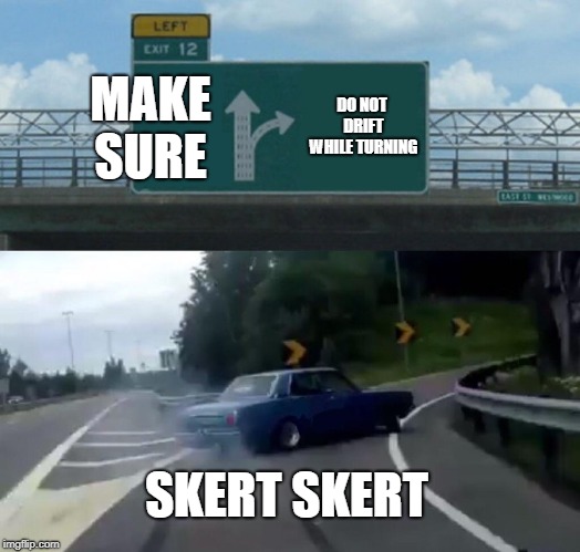 Left Exit 12 Off Ramp Meme | MAKE SURE; DO NOT DRIFT WHILE TURNING; SKERT SKERT | image tagged in memes,left exit 12 off ramp | made w/ Imgflip meme maker