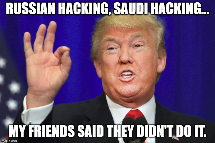 Speaking of hacking | RUSSIAN HACKING, SAUDI HACKING... MY FRIENDS SAID THEY DIDN'T DO IT. | image tagged in horrible,excuses,fake news mr trump | made w/ Imgflip meme maker