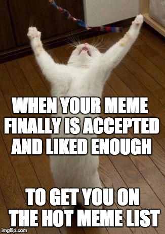 Hot list of Memes | WHEN YOUR MEME FINALLY IS ACCEPTED AND LIKED ENOUGH; TO GET YOU ON THE HOT MEME LIST | image tagged in praising cat | made w/ Imgflip meme maker