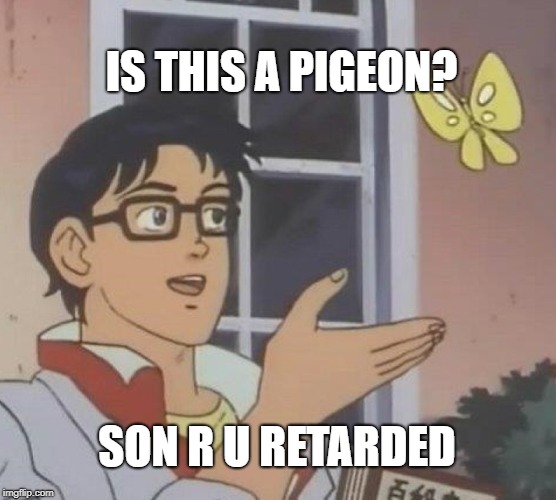 Is This A Pigeon | IS THIS A PIGEON? SON R U RETARDED | image tagged in memes,is this a pigeon | made w/ Imgflip meme maker