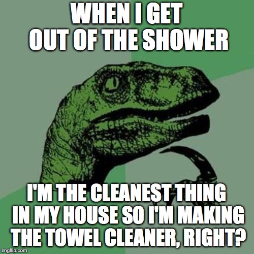 raptor | WHEN I GET OUT OF THE SHOWER I'M THE CLEANEST THING IN MY HOUSE SO I'M MAKING THE TOWEL CLEANER, RIGHT? | image tagged in raptor | made w/ Imgflip meme maker