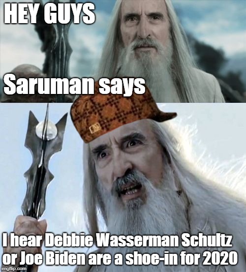 Scumbag Saruman Says Establishment Dems are What the Party is Lacking | HEY GUYS; Saruman says; I hear Debbie Wasserman Schultz or Joe Biden are a shoe-in for 2020 | image tagged in scumbag saruman,scumbag,lawful,evil | made w/ Imgflip meme maker