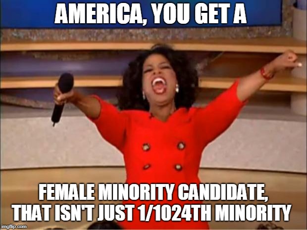 Oprah You Get A | AMERICA, YOU GET A; FEMALE MINORITY CANDIDATE, THAT ISN'T JUST 1/1024TH MINORITY | image tagged in memes,oprah you get a | made w/ Imgflip meme maker