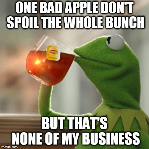 Just sayin' | ONE BAD APPLE DON'T SPOIL THE WHOLE BUNCH; BUT THAT'S NONE OF MY BUSINESS | image tagged in memes,but thats none of my business,kermit the frog,one bad apple,homophobia,islamophobia | made w/ Imgflip meme maker