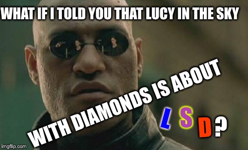 Timothy Leary told me it was true | WHAT IF I TOLD YOU THAT LUCY IN THE SKY; WITH DIAMONDS IS ABOUT; S; L; D; ? | image tagged in matrix morpheus,beatles,ants,from china,froggy memes,colors | made w/ Imgflip meme maker
