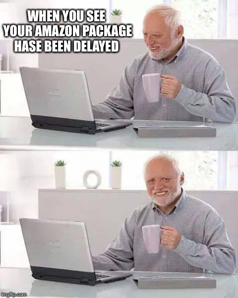1st World problems  | WHEN YOU SEE YOUR AMAZON PACKAGE HASE BEEN DELAYED | image tagged in memes,hide the pain harold,1st world problems | made w/ Imgflip meme maker