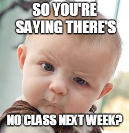 Skeptical Baby Meme | SO YOU'RE SAYING THERE'S; NO CLASS NEXT WEEK? | image tagged in memes,skeptical baby | made w/ Imgflip meme maker