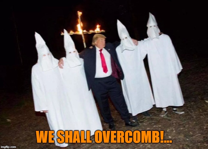 Trump in Amerikkka! | WE SHALL OVERCOMB!... | image tagged in trump,kkk,hair,potus,klan,racist | made w/ Imgflip meme maker