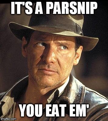 Indiana jones  | IT'S A PARSNIP; YOU EAT EM' | image tagged in indiana jones | made w/ Imgflip meme maker
