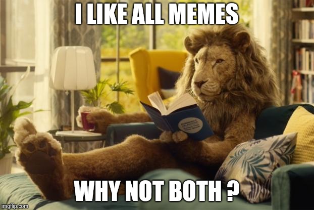 Lion relaxing | I LIKE ALL MEMES WHY NOT BOTH ? | image tagged in lion relaxing | made w/ Imgflip meme maker