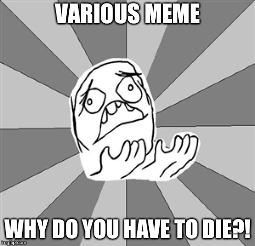So many good dead memes... |  VARIOUS MEME; WHY DO YOU HAVE TO DIE?! | image tagged in whyyy,dead memes | made w/ Imgflip meme maker