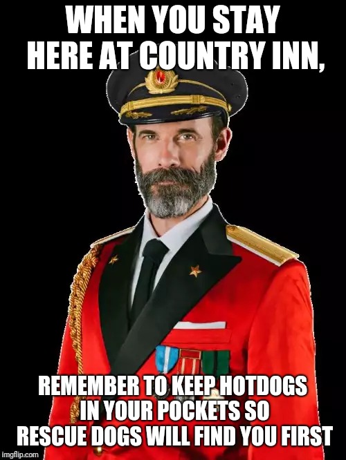 Captain Obviously | WHEN YOU STAY HERE AT COUNTRY INN, REMEMBER TO KEEP HOTDOGS IN YOUR POCKETS SO RESCUE DOGS WILL FIND YOU FIRST | image tagged in captain obviously | made w/ Imgflip meme maker