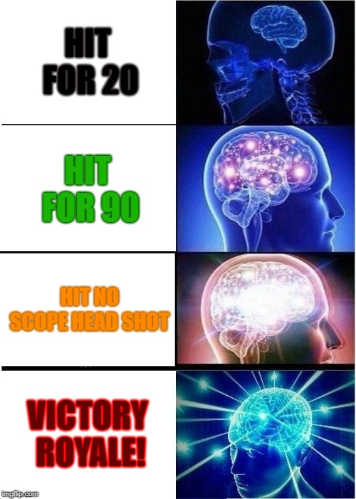 Expanding Brain Meme | HIT FOR 20; HIT FOR 90; HIT NO SCOPE HEAD SHOT; VICTORY ROYALE! | image tagged in memes,expanding brain | made w/ Imgflip meme maker