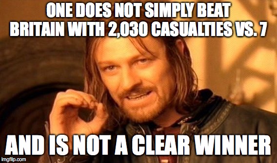 One Does Not Simply Meme | ONE DOES NOT SIMPLY BEAT BRITAIN WITH 2,030 CASUALTIES VS. 7; AND IS NOT A CLEAR WINNER | image tagged in memes,one does not simply | made w/ Imgflip meme maker