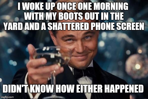 Leonardo Dicaprio Cheers Meme | I WOKE UP ONCE ONE MORNING WITH MY BOOTS OUT IN THE YARD AND A SHATTERED PHONE SCREEN DIDN'T KNOW HOW EITHER HAPPENED | image tagged in memes,leonardo dicaprio cheers | made w/ Imgflip meme maker