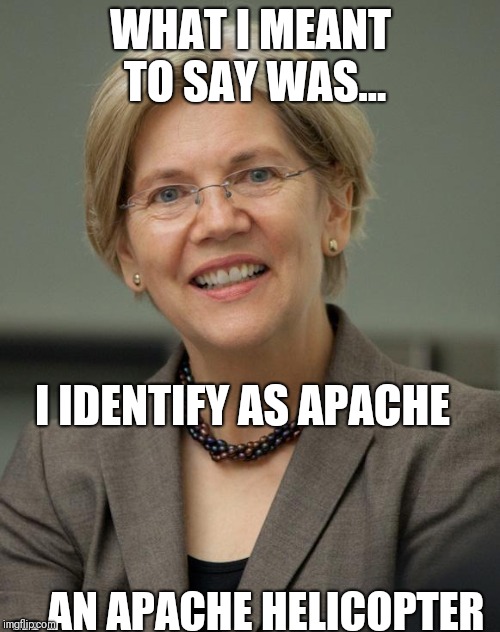 Elizabeth Warren | WHAT I MEANT TO SAY WAS... ... AN APACHE HELICOPTER I IDENTIFY AS APACHE | image tagged in elizabeth warren | made w/ Imgflip meme maker