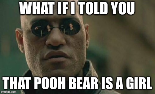 Matrix Morpheus | WHAT IF I TOLD YOU; THAT POOH BEAR IS A GIRL | image tagged in memes,matrix morpheus | made w/ Imgflip meme maker