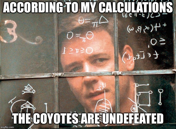 russel crowe beautiful mind | ACCORDING TO MY CALCULATIONS; THE COYOTES ARE UNDEFEATED | image tagged in russel crowe beautiful mind | made w/ Imgflip meme maker