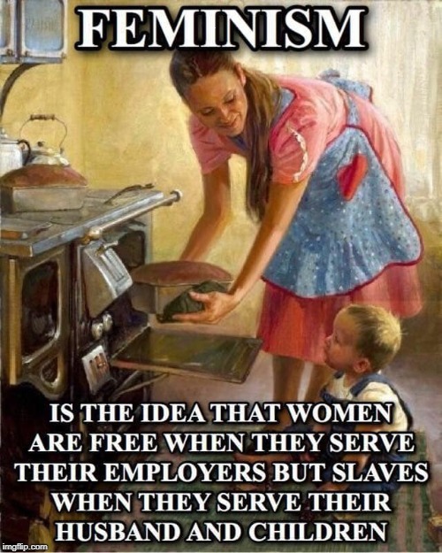Third wave feminism  | FEMINISM; IS THE IDEA THAT WOMEN ARE FREE WHEN THEY SERVE THEIR EMPLOYERS BUT SLAVES WHEN THEY SERVE THEIR HUSBAND AND CHILDREN | image tagged in feminism,wife,husband,family,feminism is cancer,memes | made w/ Imgflip meme maker