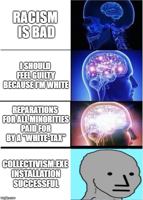 Yes. You are now an NPC. | RACISM IS BAD; I SHOULD FEEL GUILTY BECAUSE I'M WHITE; REPARATIONS FOR ALL MINORITIES PAID FOR BY A "WHITE-TAX"; COLLECTIVISM.EXE INSTALLATION SUCCESSFUL | image tagged in memes,expanding brain,npc | made w/ Imgflip meme maker