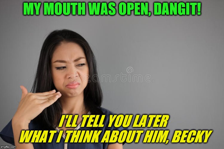 MY MOUTH WAS OPEN, DANGIT! I'LL TELL YOU LATER WHAT I THINK ABOUT HIM, BECKY | made w/ Imgflip meme maker