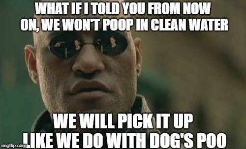 Matrix Morpheus | WHAT IF I TOLD YOU FROM NOW ON, WE WON'T POOP IN CLEAN WATER; WE WILL PICK IT UP LIKE WE DO WITH DOG'S POO | image tagged in memes,matrix morpheus | made w/ Imgflip meme maker