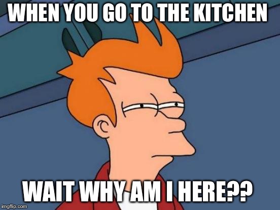 Futurama Fry Meme | WHEN YOU GO TO THE KITCHEN; WAIT WHY AM I HERE?? | image tagged in memes,futurama fry | made w/ Imgflip meme maker