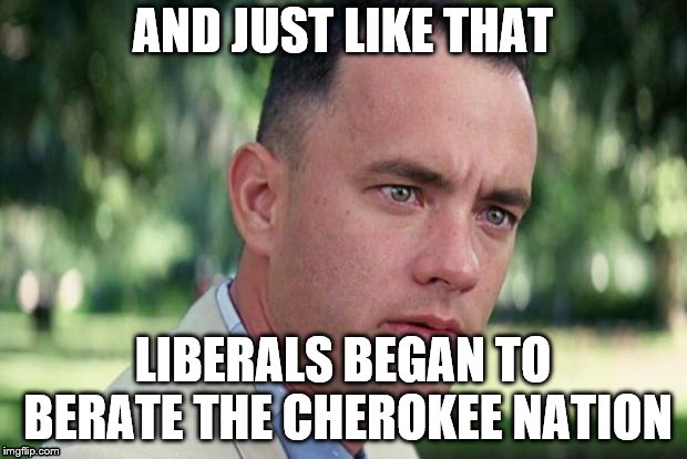 When standing for a corrupt politician, no one is safe. | AND JUST LIKE THAT; LIBERALS BEGAN TO BERATE THE CHEROKEE NATION | image tagged in forrest gump,elizabeth warren,cherokee,nation | made w/ Imgflip meme maker