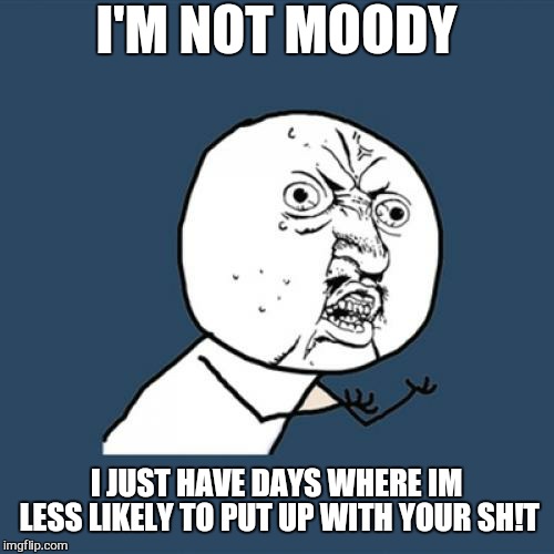 Y u no listen  | I'M NOT MOODY; I JUST HAVE DAYS WHERE IM LESS LIKELY TO PUT UP WITH YOUR SH!T | image tagged in memes,y u no,mondays,work,funny | made w/ Imgflip meme maker