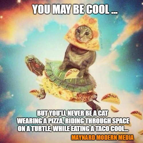 Space Pizza Cat Turtle Tacos | YOU MAY BE COOL ... BUT YOU'LL NEVER BE A CAT WEARING A PIZZA, RIDING THROUGH SPACE ON A TURTLE, WHILE EATING A TACO COOL... MAYNARD MODERN MEDIA | image tagged in space pizza cat turtle tacos | made w/ Imgflip meme maker