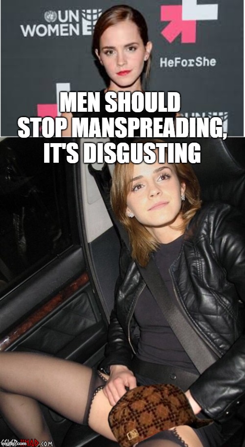 Hypocrite much??? | MEN SHOULD STOP MANSPREADING, IT'S DISGUSTING | image tagged in emma watson,feminists,hypocritical feminist,upskirt | made w/ Imgflip meme maker