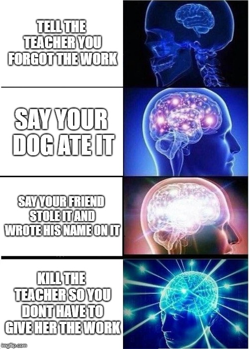 Expanding Brain | TELL THE TEACHER YOU FORGOT THE WORK; SAY YOUR DOG ATE IT; SAY YOUR FRIEND STOLE IT AND WROTE HIS NAME ON IT; KILL THE TEACHER SO YOU DONT HAVE TO GIVE HER THE WORK | image tagged in memes,expanding brain | made w/ Imgflip meme maker