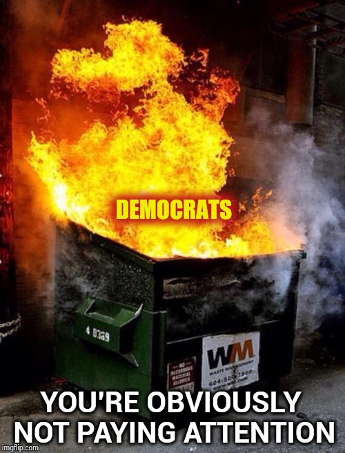 Dumpster Fire | DEMOCRATS YOU'RE OBVIOUSLY NOT PAYING ATTENTION | image tagged in dumpster fire | made w/ Imgflip meme maker