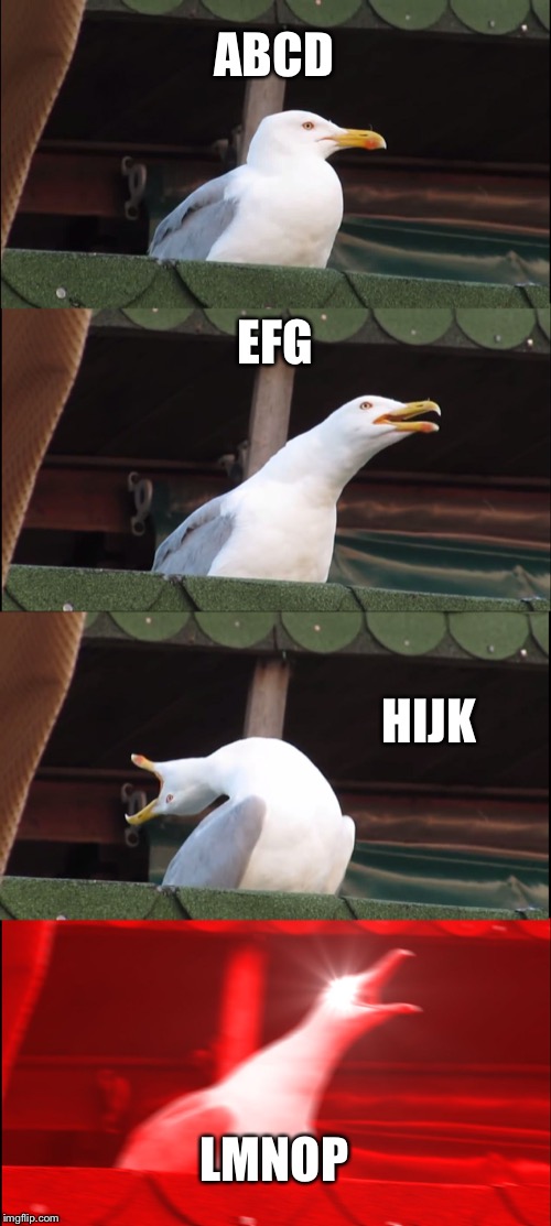 Inhaling Seagull Meme | ABCD; EFG; HIJK; LMNOP | image tagged in memes,inhaling seagull | made w/ Imgflip meme maker
