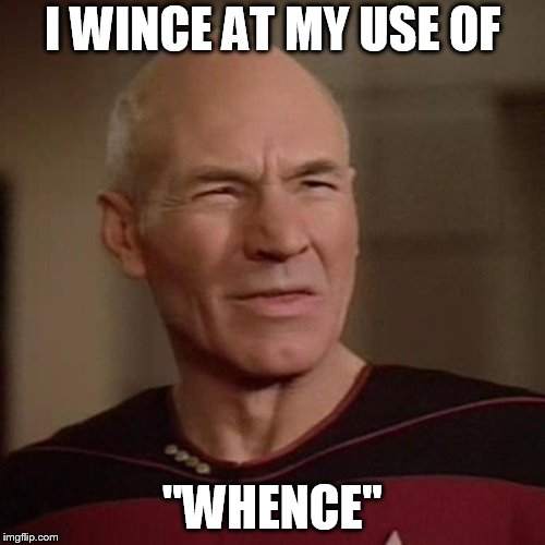 Patrick Stewart squint | I WINCE AT MY USE OF; "WHENCE" | image tagged in patrick stewart squint | made w/ Imgflip meme maker