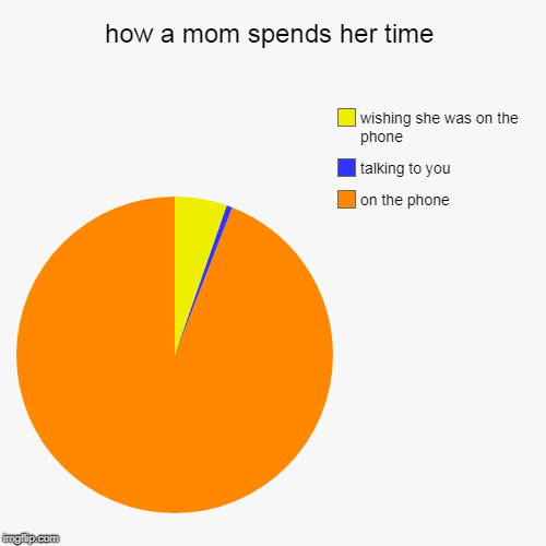 how a mom spends her time | on the phone, talking to you, wishing she was on the phone | image tagged in funny,pie charts | made w/ Imgflip chart maker