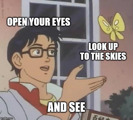 Is This A Pigeon Meme | OPEN YOUR EYES LOOK UP TO THE SKIES AND SEE | image tagged in memes,is this a pigeon | made w/ Imgflip meme maker