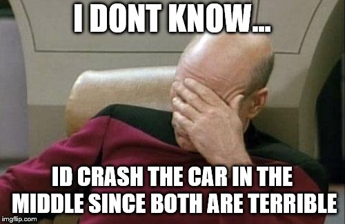 Captain Picard Facepalm Meme | I DONT KNOW... ID CRASH THE CAR IN THE MIDDLE SINCE BOTH ARE TERRIBLE | image tagged in memes,captain picard facepalm | made w/ Imgflip meme maker