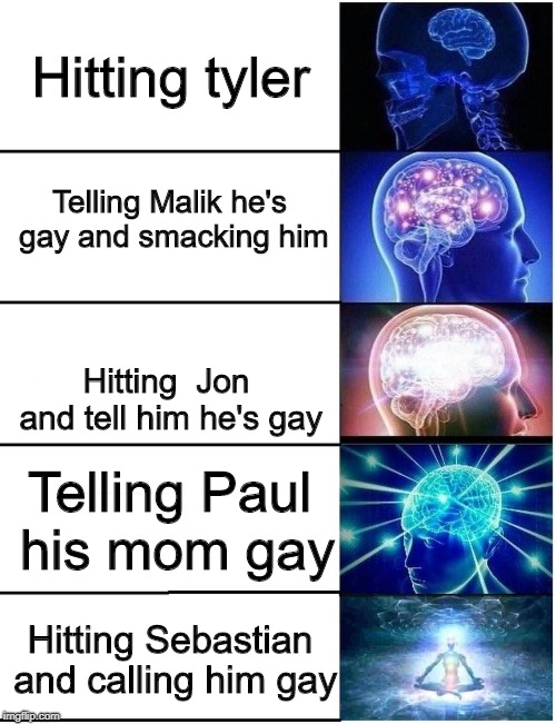 Expanding Brain 5 Panel | Hitting tyler; Telling Malik he's gay and smacking him; Hitting  Jon and tell him he's gay; Telling Paul his mom gay; Hitting Sebastian and calling him gay | image tagged in expanding brain 5 panel | made w/ Imgflip meme maker