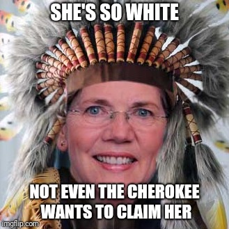 SHE'S SO WHITE; NOT EVEN THE CHEROKEE WANTS TO CLAIM HER | image tagged in elizabeth warren,native american,indian | made w/ Imgflip meme maker