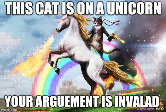 Cat riding unicorn | THIS CAT IS ON A UNICORN; YOUR ARGUMENT IS INVALID | image tagged in cat riding unicorn | made w/ Imgflip meme maker