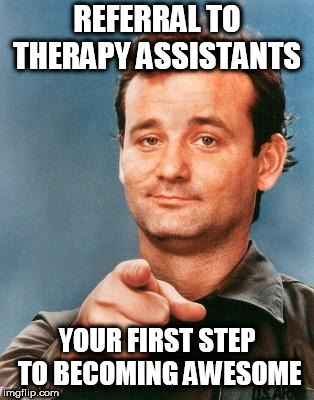 Bill Murray You're Awesome | REFERRAL TO THERAPY ASSISTANTS; YOUR FIRST STEP TO BECOMING AWESOME | image tagged in bill murray you're awesome | made w/ Imgflip meme maker