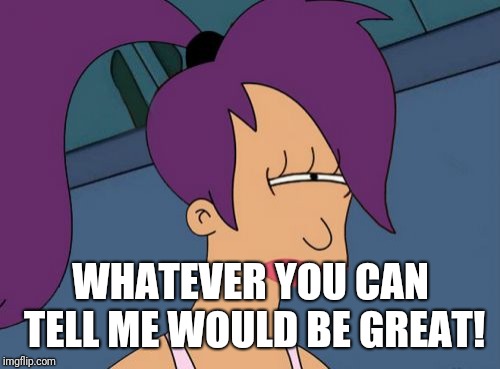 Futurama Leela Meme | WHATEVER YOU CAN TELL ME WOULD BE GREAT! | image tagged in memes,futurama leela | made w/ Imgflip meme maker