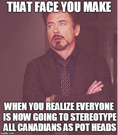 Face You Make Robert Downey Jr | THAT FACE YOU MAKE; WHEN YOU REALIZE EVERYONE IS NOW GOING TO STEREOTYPE ALL CANADIANS AS POT HEADS | image tagged in memes,face you make robert downey jr | made w/ Imgflip meme maker