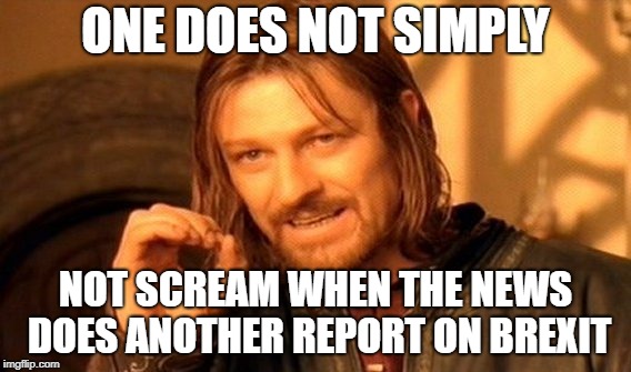 One Does Not Simply | ONE DOES NOT SIMPLY; NOT SCREAM WHEN THE NEWS DOES ANOTHER REPORT ON BREXIT | image tagged in memes,one does not simply | made w/ Imgflip meme maker
